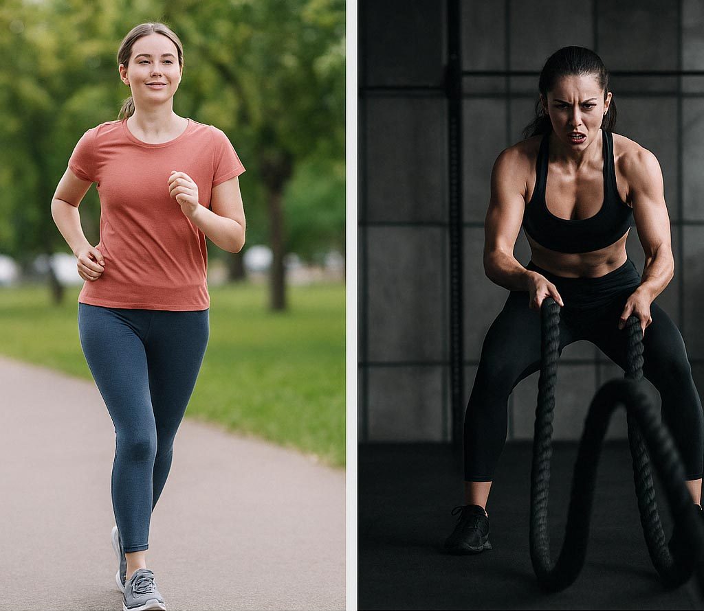 Woman jogging outdoors alongside a woman doing intense battle rope training in a gym, comparing moderate and strenuous exercise