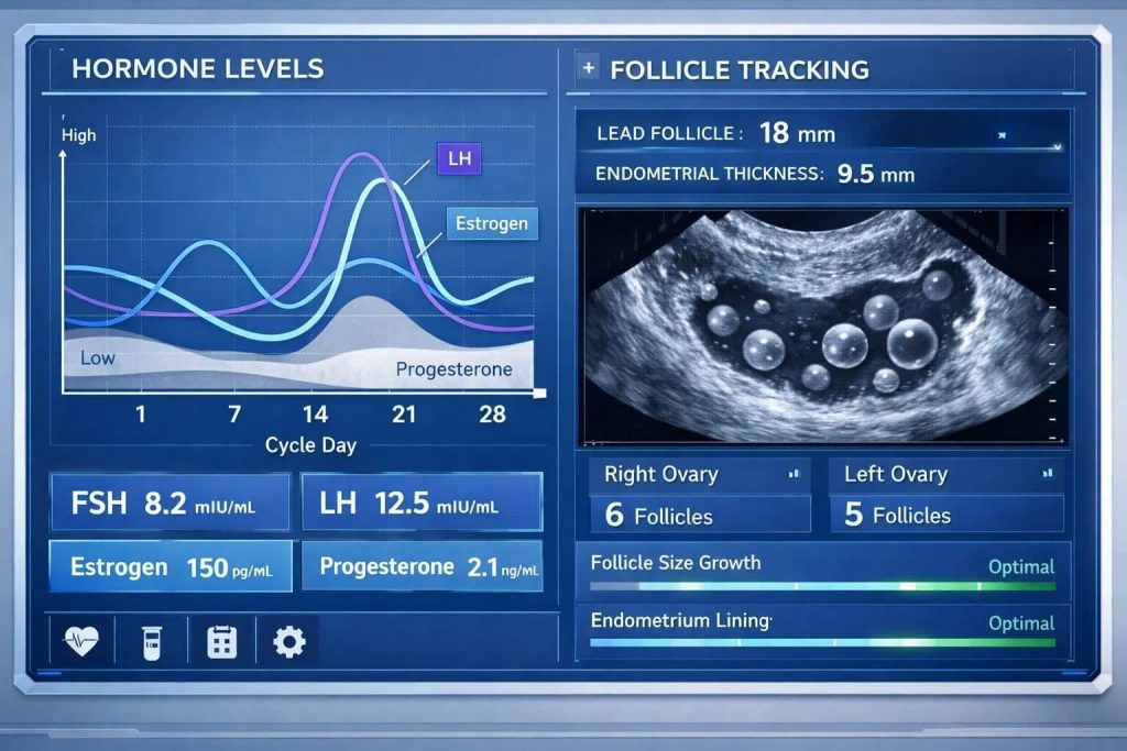 Hormone and follicle data is used to guide IVF treatment decisions.