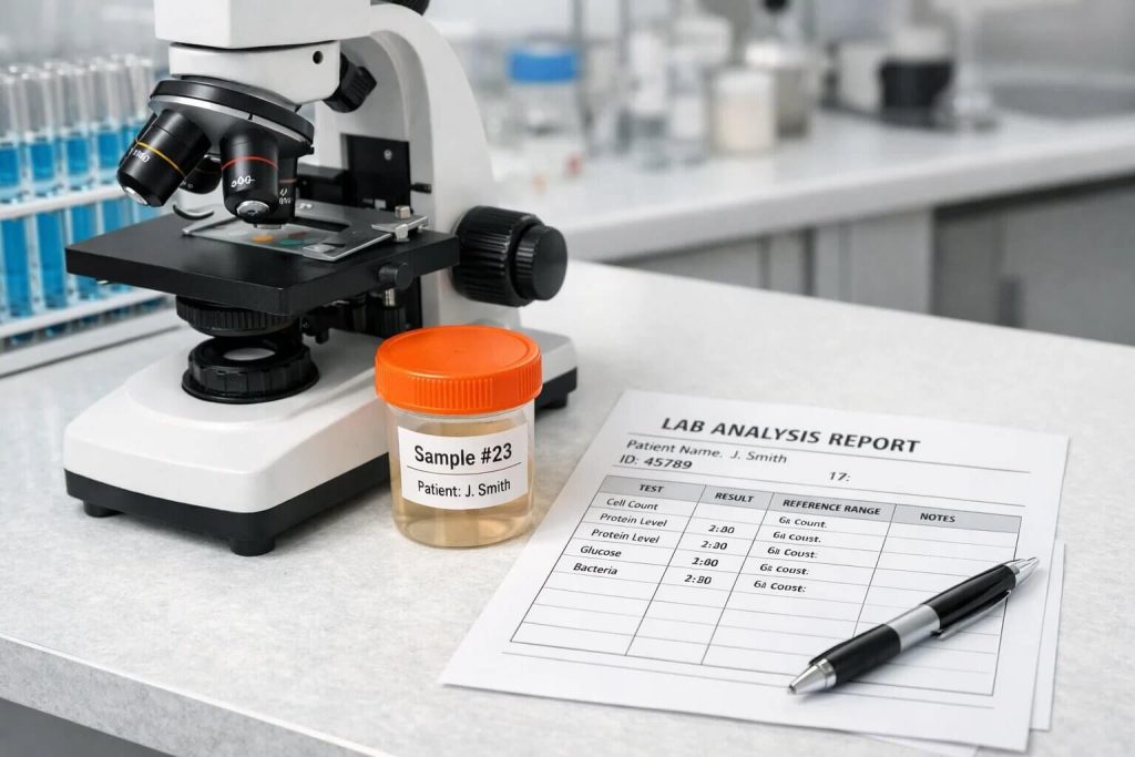 Laboratory setup for semen analysis with microscope and labeled sample container.
