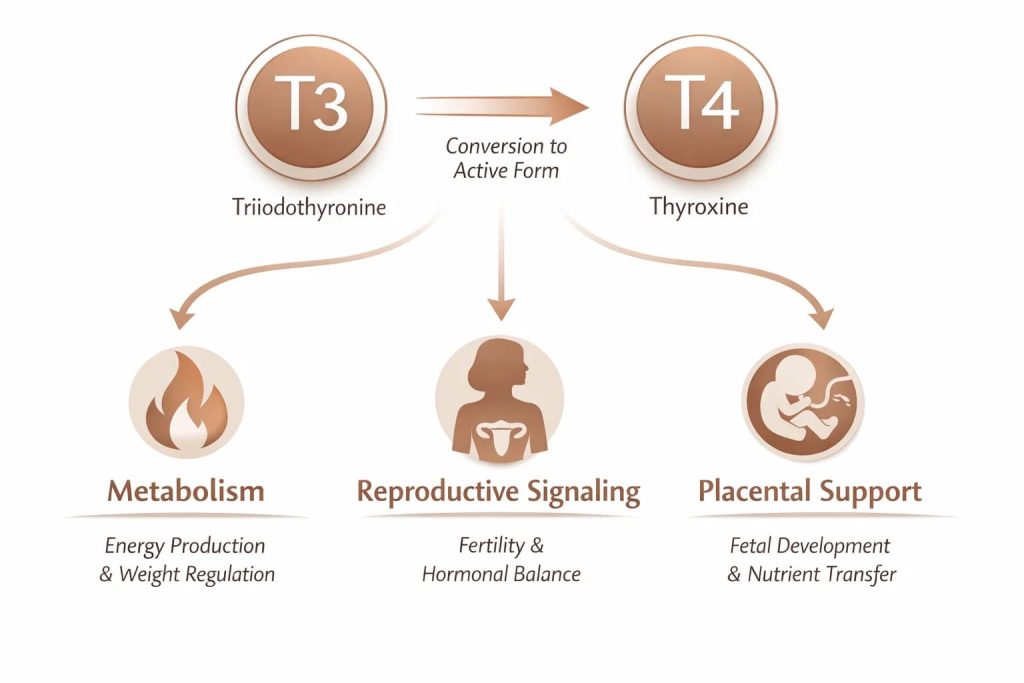 ภาพแสดงบทบาทของฮอร์โมนไทรอยด์ T3 และ T4 ในร่างกาย