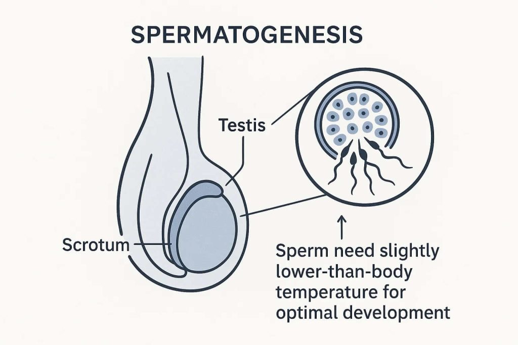 Diagram of spermatogenesis in the testis and scrotum, noting that sperm need a slightly lower than body temperature for optimal development