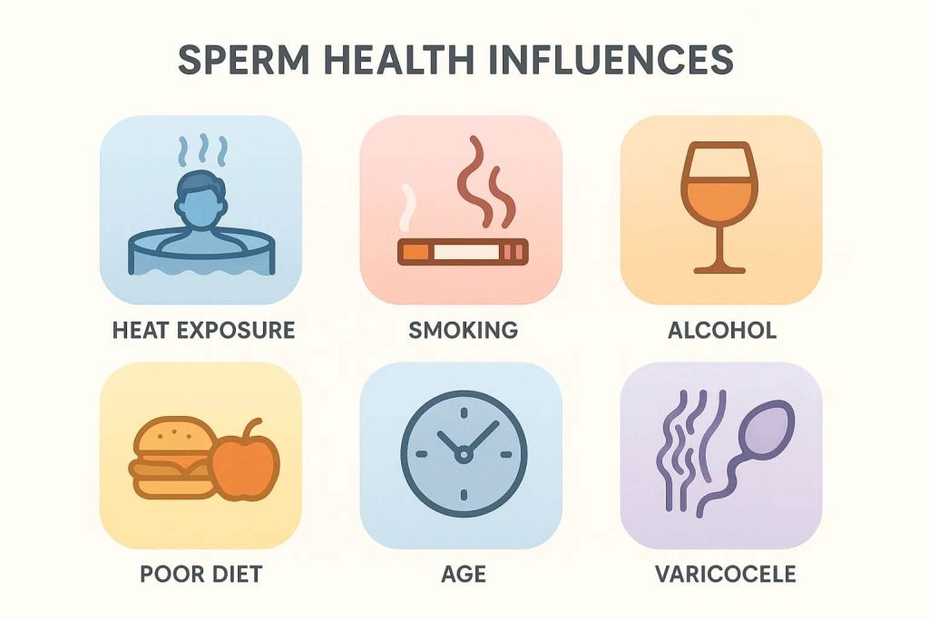 Influences on sperm health: heat exposure, smoking, alcohol, poor diet, age and varicocele