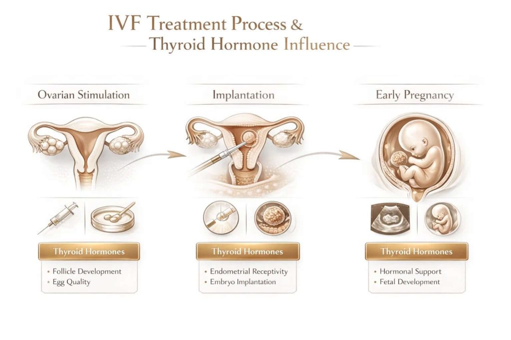แผนภาพแสดงอิทธิพลของฮอร์โมนไทรอยด์ตลอดขั้นตอนการทำ IVF