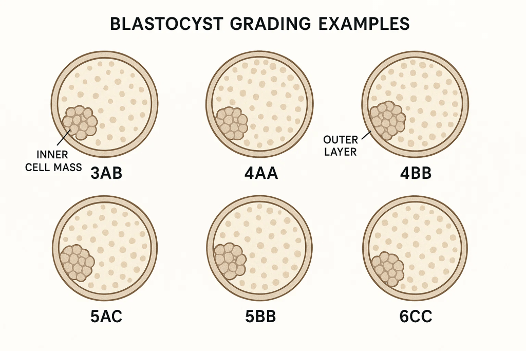 Blastocyst grading examples showing grades 3AB, 4AA, 4BB, 5AC, 5BB and 6CC, with the inner cell mass and outer layer labelled