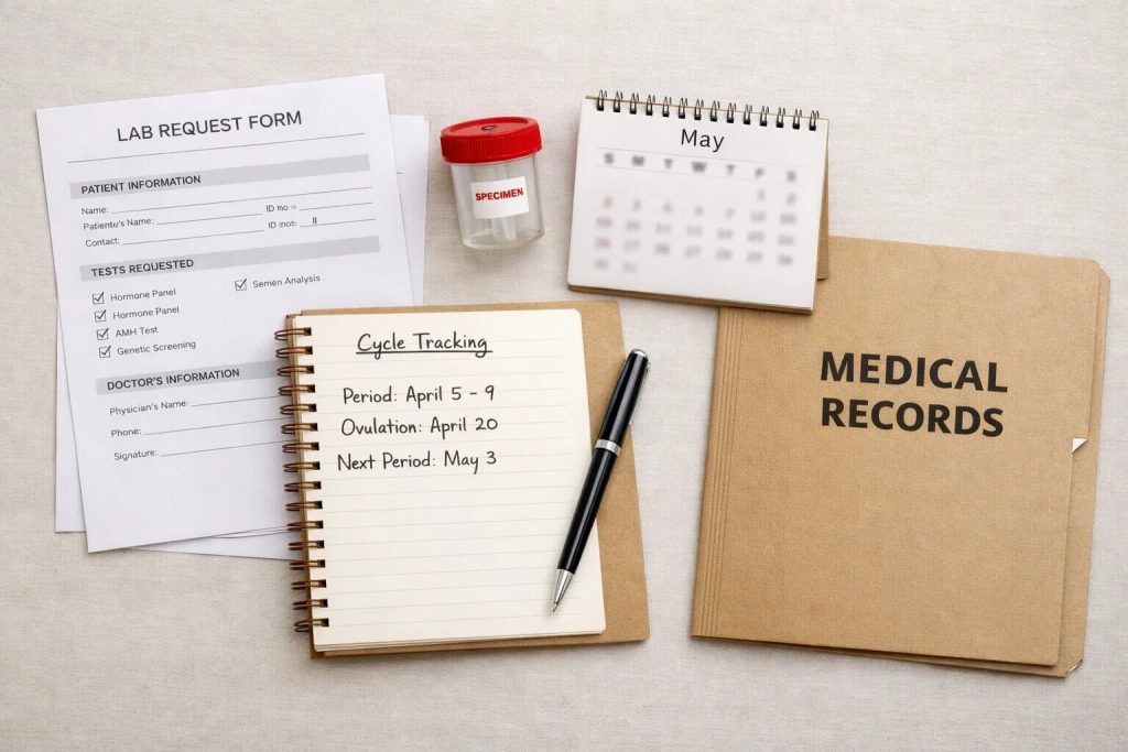 Fertility testing preparation documents including lab forms, cycle tracking notes, and medical records folder.