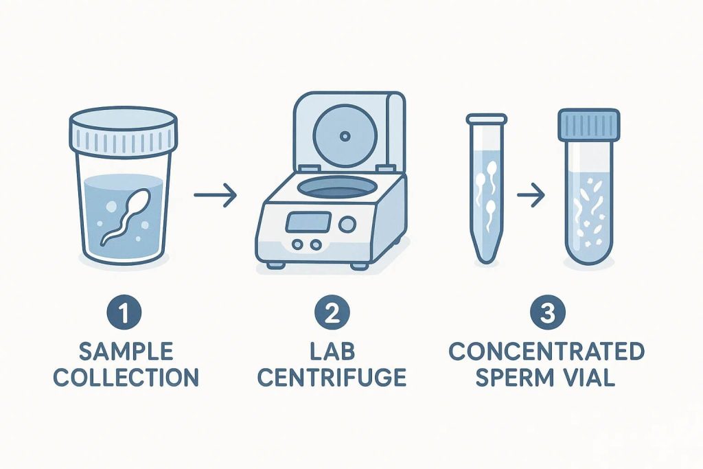 Sperm preparation steps: sample collection, lab centrifuge, then a concentrated sperm vial