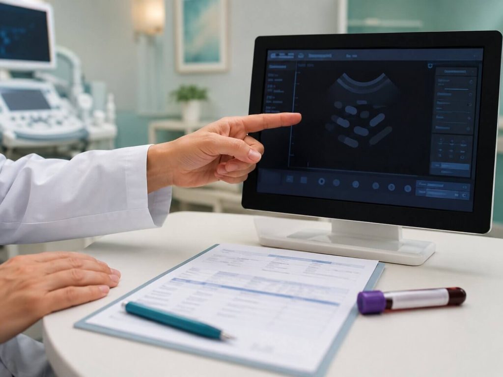 Doctor reviewing ovarian reserve testing with a generic ultrasound screen and AMH form.