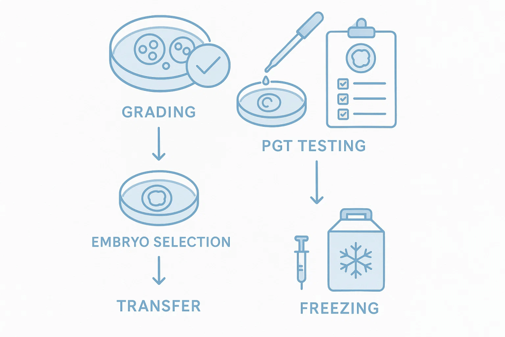 IVF laboratory workflow showing embryo grading and selection leading to transfer, alongside PGT testing and embryo freezing