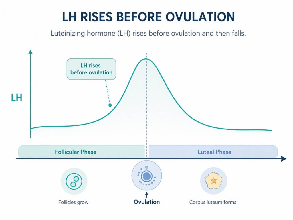 Simple chart showing LH rising before ovulation in a fertility blood testing context.