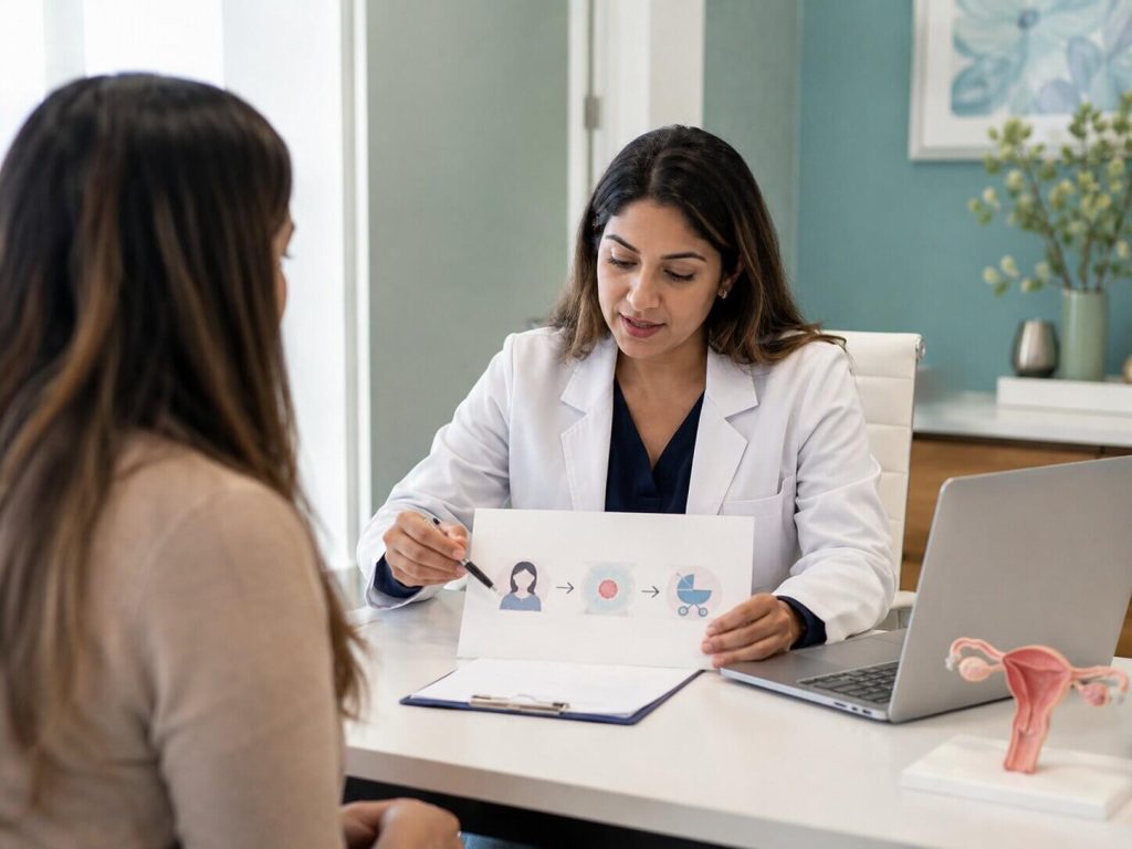Fertility doctor discussing how many eggs a patient may consider freezing based on age and ovarian reserve.