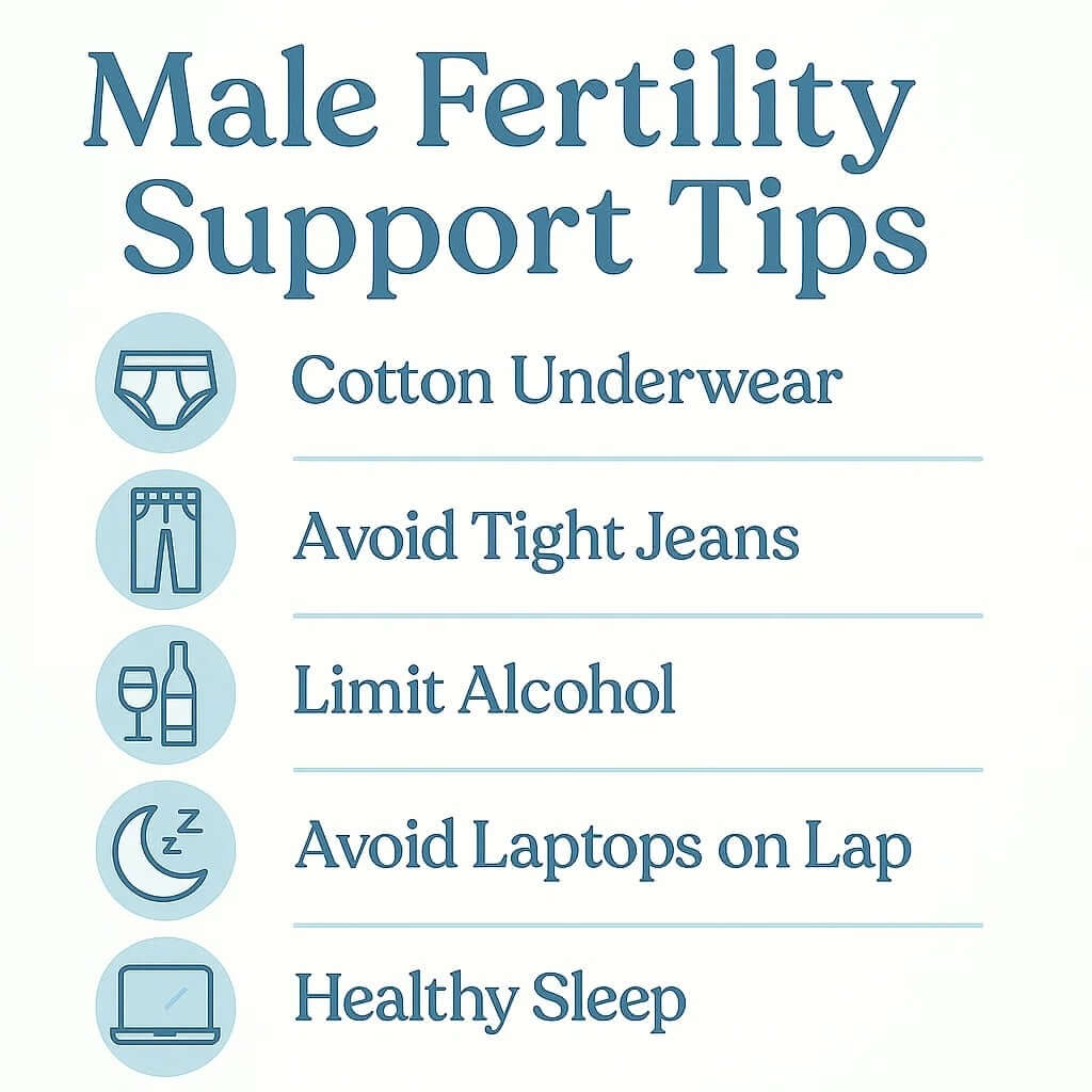 Male fertility support tips: cotton underwear, avoid tight jeans, limit alcohol, avoid laptops on the lap and healthy sleep