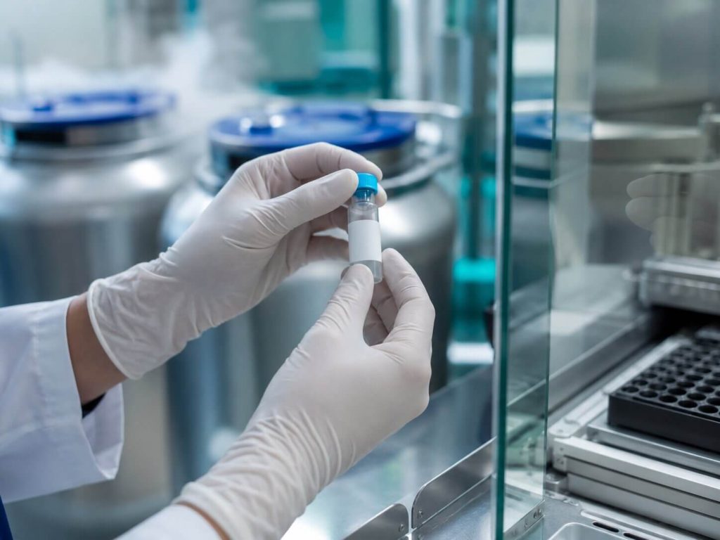 Embryologist handling a cryopreservation vial during the egg freezing process in a fertility lab.